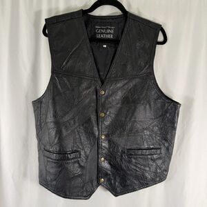 Navarre Leather Vest Men's XXL Black Snap Frotn Italian Stone Design Pockets